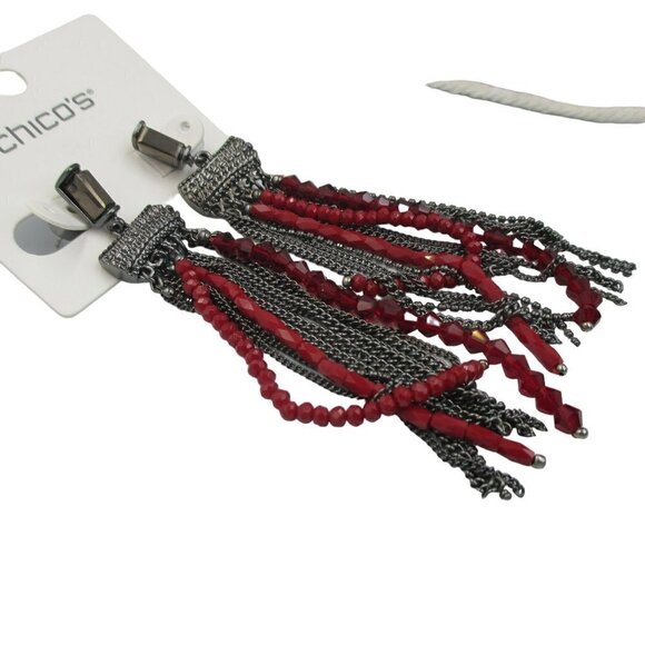 Chico's Red Tassel Beaded Chain Statement Earrings - Picture 5 of 7
